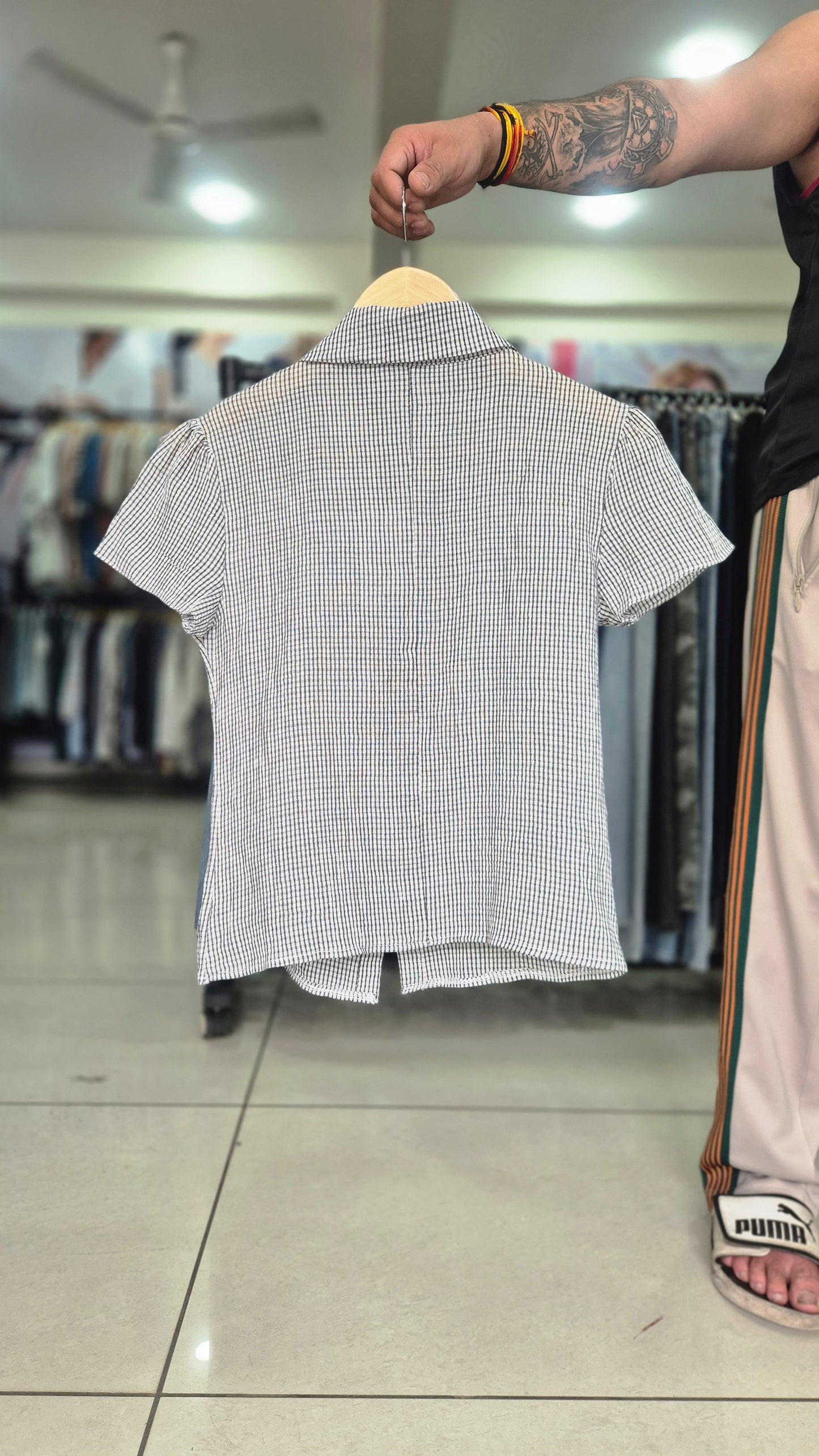 Women's Black and White Gingham Short Sleeve Button-Down Shirt