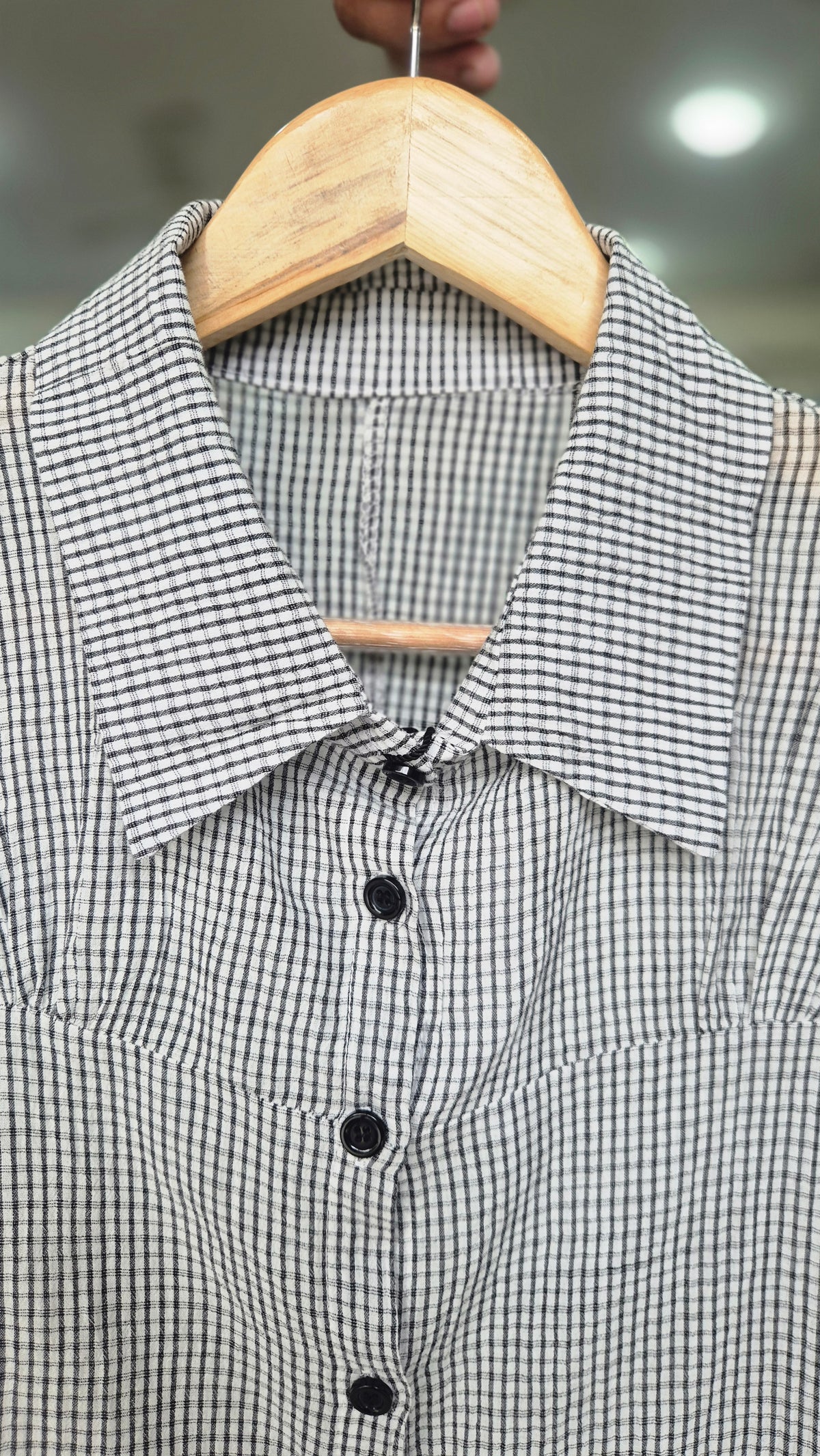 Women's Black and White Gingham Short Sleeve Button-Down Shirt