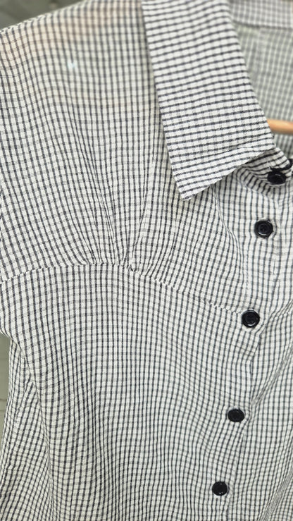 Women's Black and White Gingham Short Sleeve Button-Down Shirt