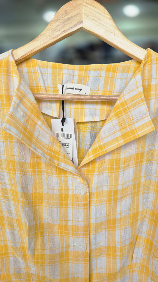 Women's Yellow and White Plaid Tie-Hem Short Sleeve Top