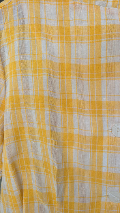 Women's Yellow and White Plaid Tie-Hem Short Sleeve Top