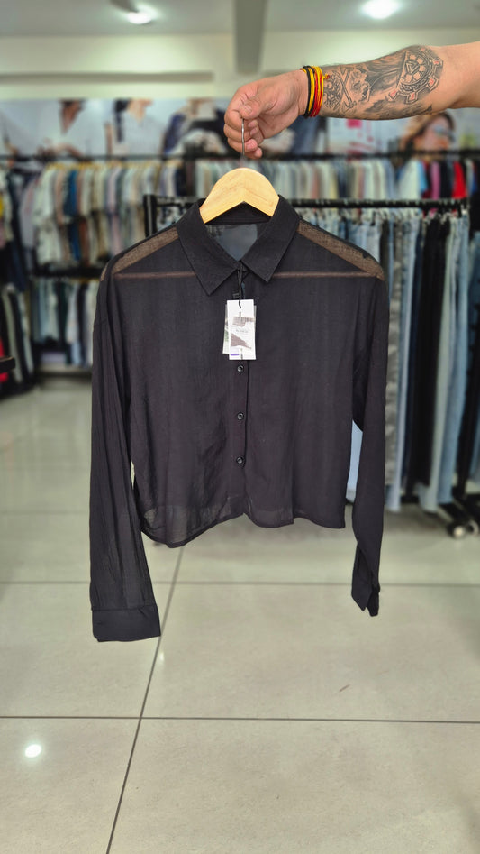 Women's Sheer Black Long Sleeve Button-Down Shirt