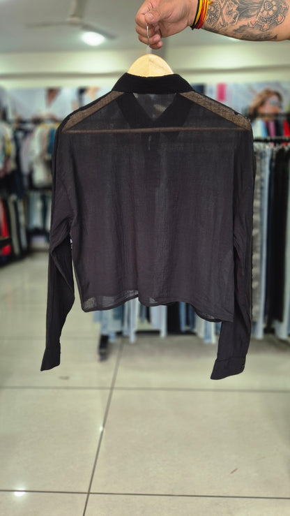 Women's Sheer Black Long Sleeve Button-Down Shirt