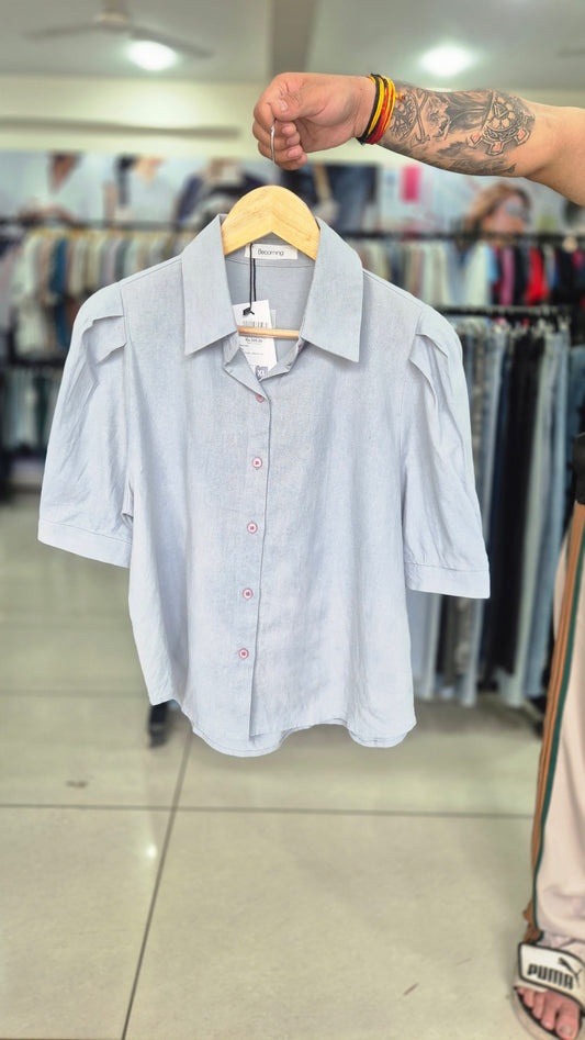 Women's Light Blue Short Sleeve Shirt with Pleated