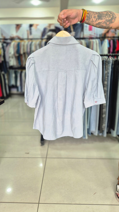Women's Light Blue Short Sleeve Shirt with Pleated