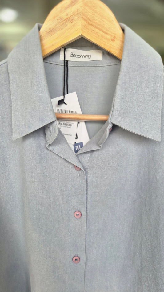 Women's Light Blue Short Sleeve Shirt with Pleated
