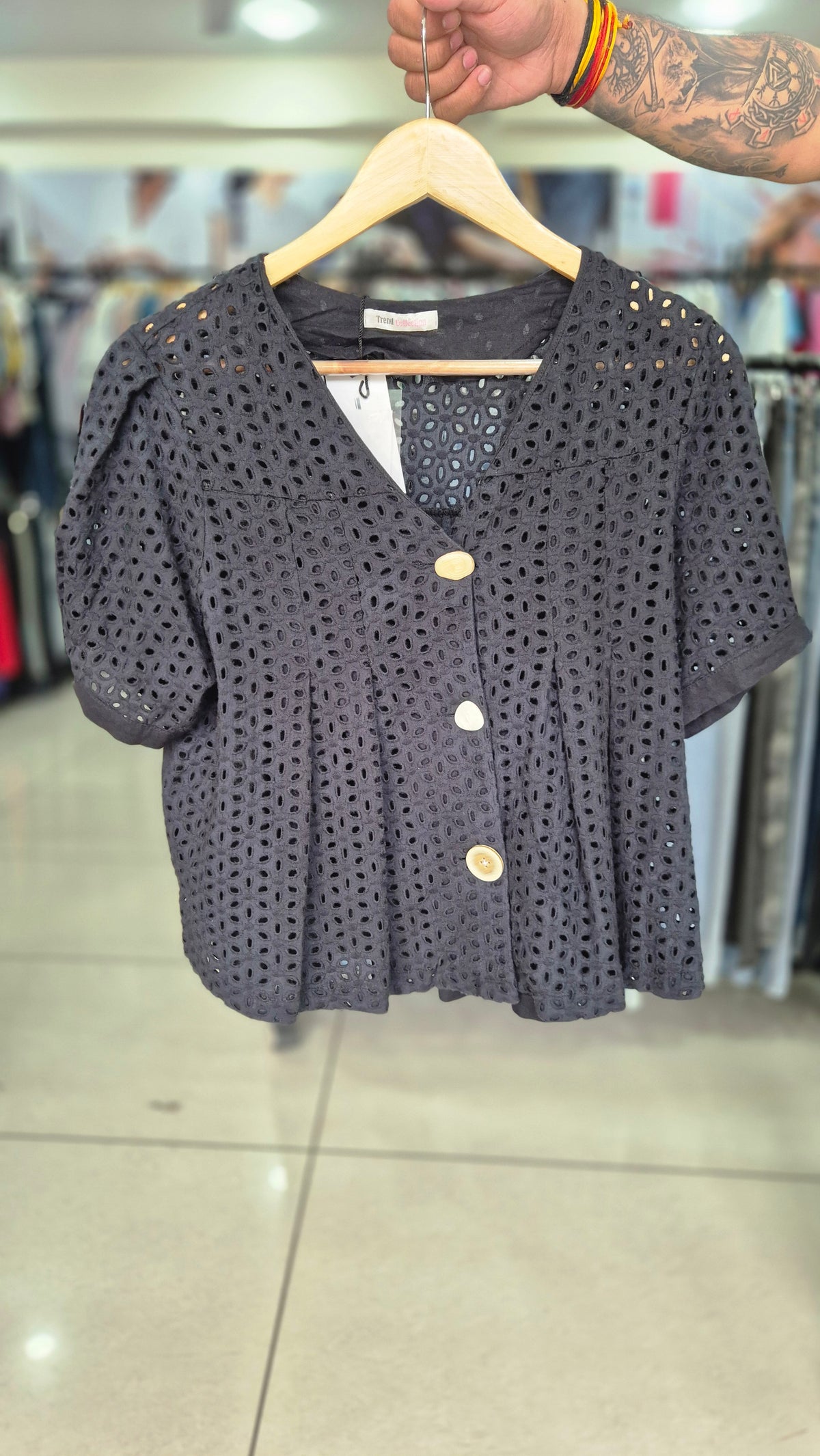 Women's Black Eyelet Embroidered Short Sleeve Shirt