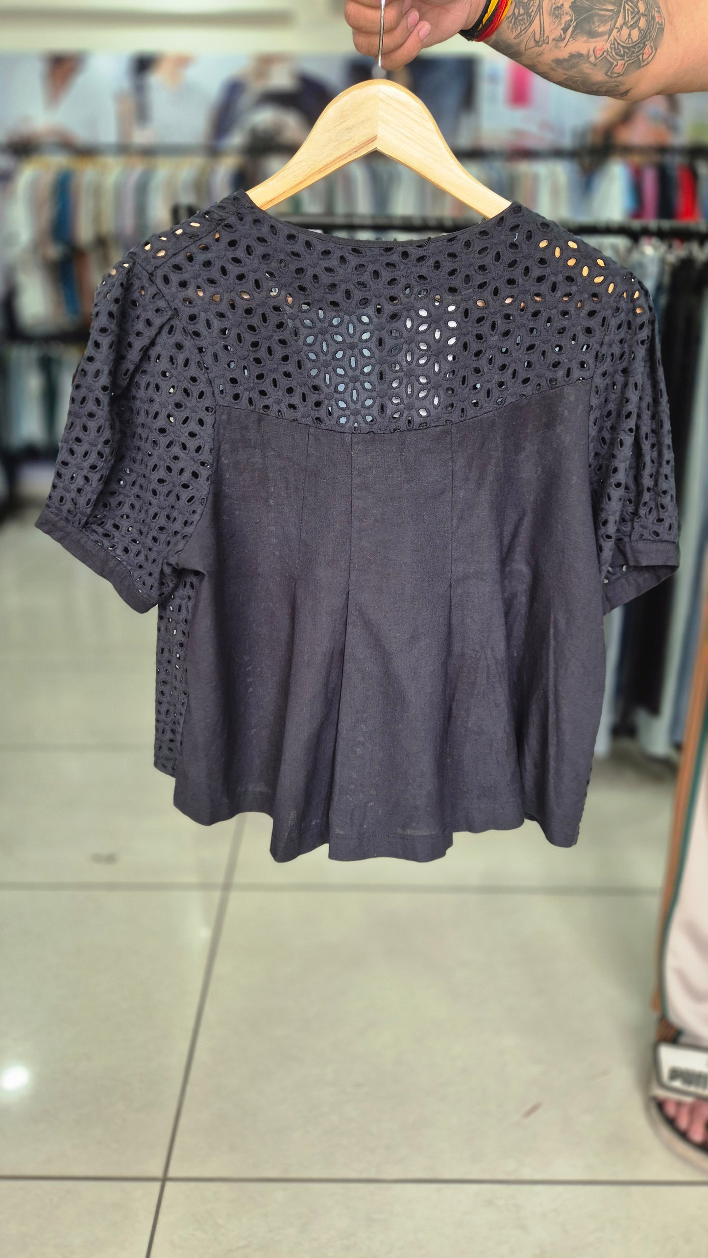 Women's Black Eyelet Embroidered Short Sleeve Shirt