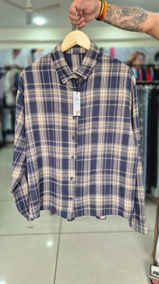 Women's Navy and Beige Plaid Long Sleeve Flannel Shirt