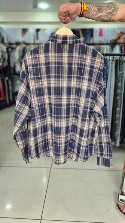 Women's Navy and Beige Plaid Long Sleeve Flannel Shirt