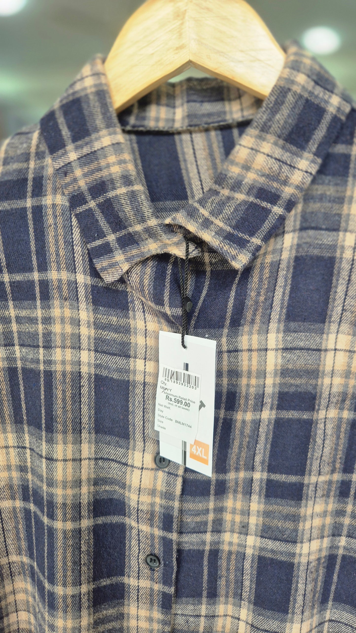 Women's Navy and Beige Plaid Long Sleeve Flannel Shirt