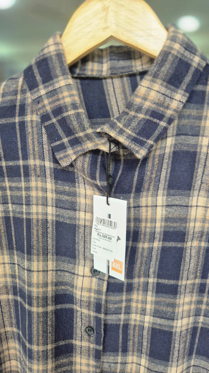 Women's Navy and Beige Plaid Long Sleeve Flannel Shirt