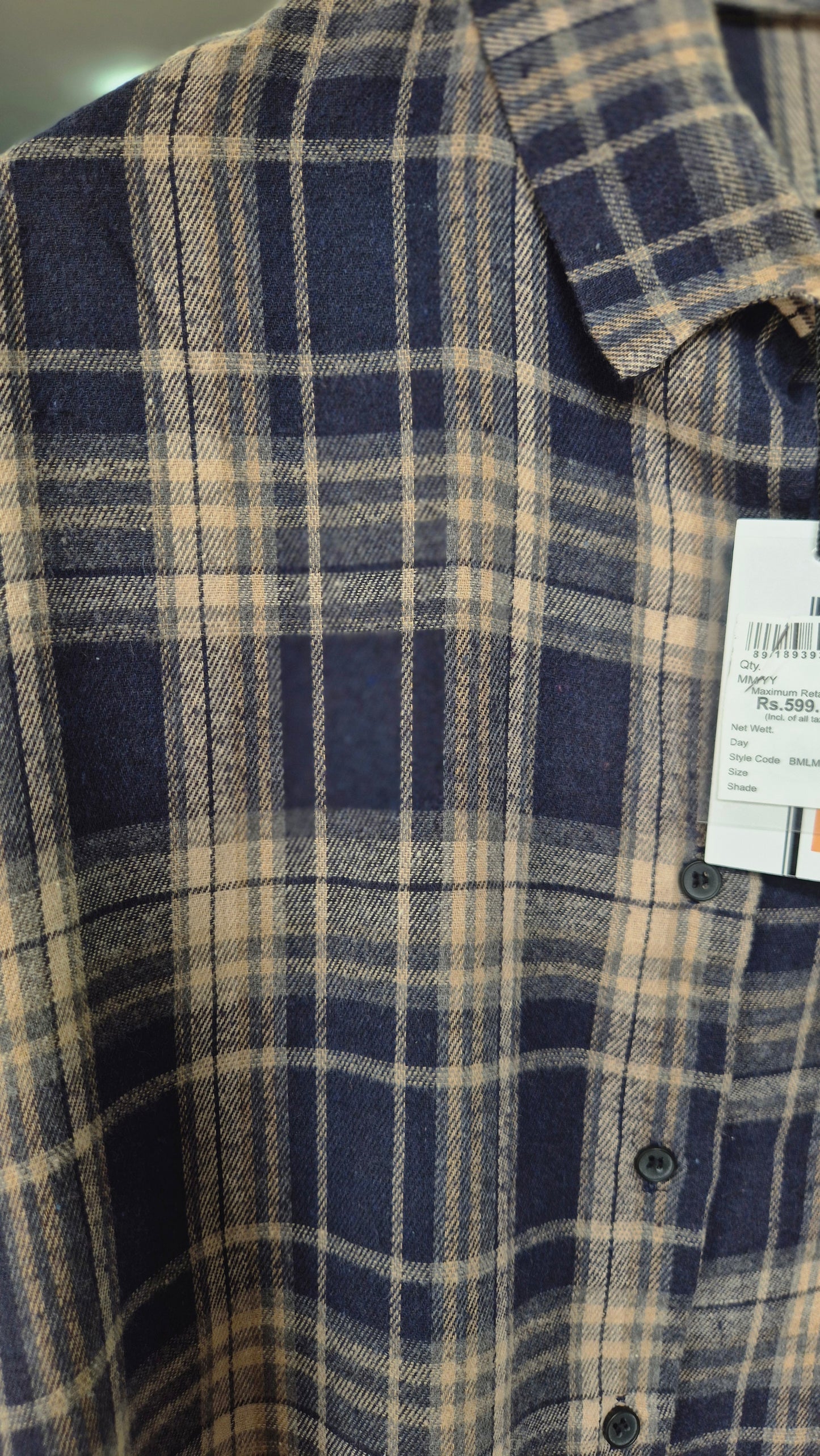 Women's Navy and Beige Plaid Long Sleeve Flannel Shirt