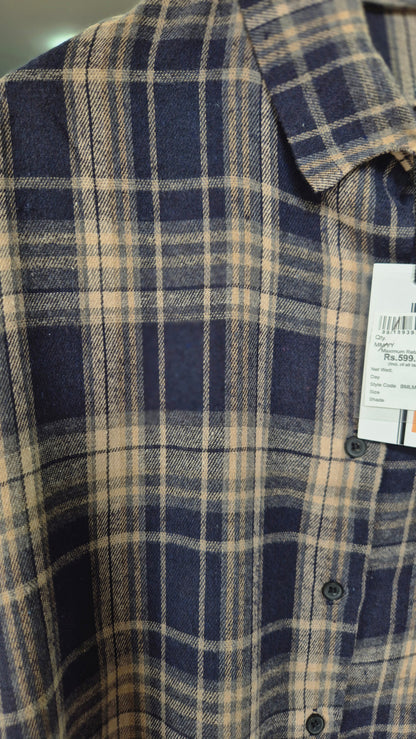 Women's Navy and Beige Plaid Long Sleeve Flannel Shirt