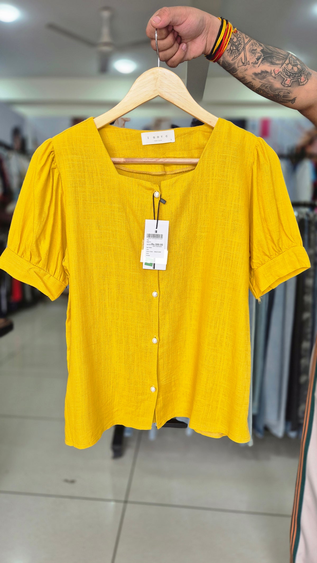 Women's Mustard Yellow Square Neck Short Sleeve Shirt