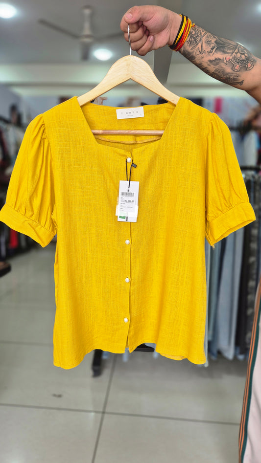 Women's Mustard Yellow Square Neck Short Sleeve Shirt