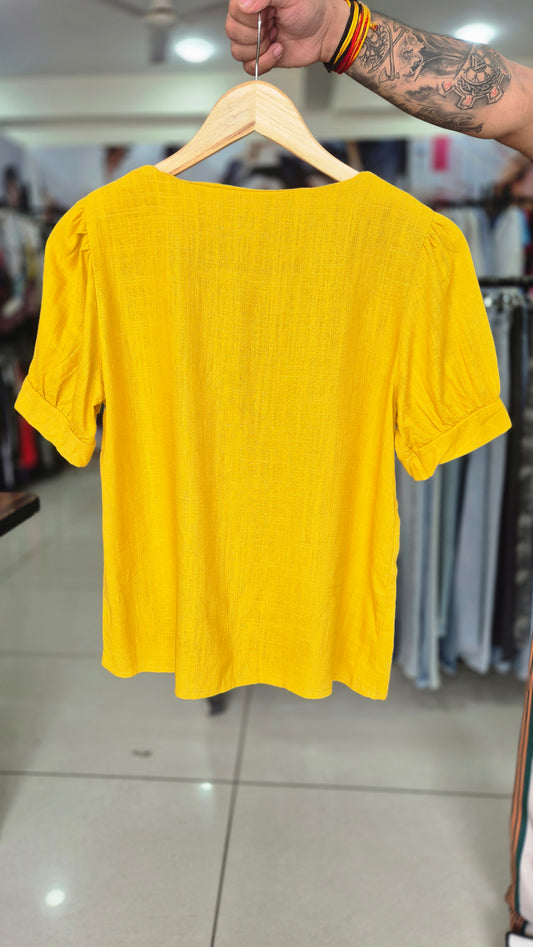 Women's Mustard Yellow Square Neck Short Sleeve Shirt
