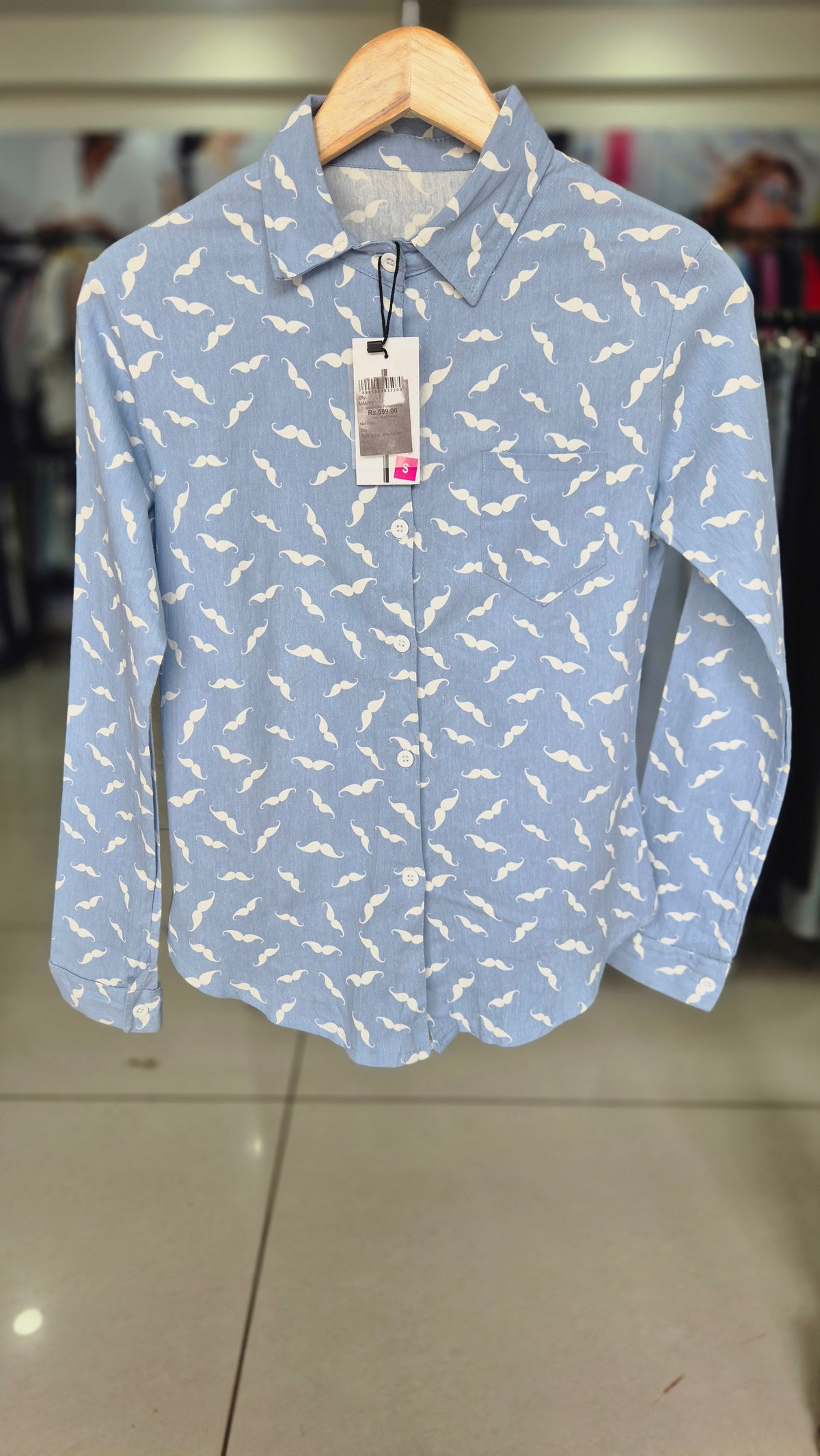 Women's Light Blue Mustache Print Long Sleeve Button-Down Shirt
