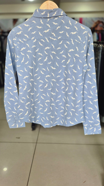 Women's Light Blue Mustache Print Long Sleeve Button-Down Shirt