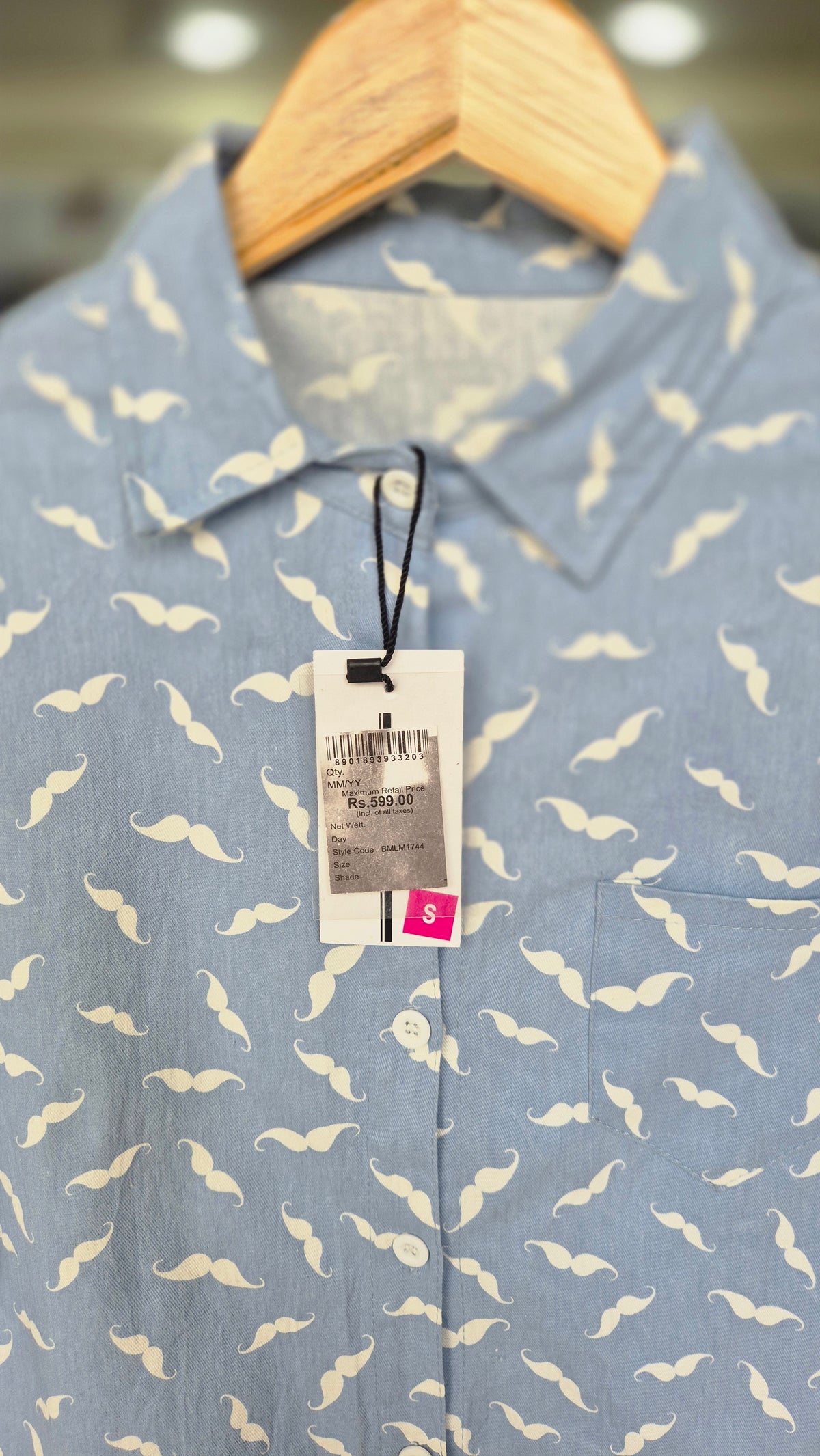Women's Light Blue Mustache Print Long Sleeve Button-Down Shirt
