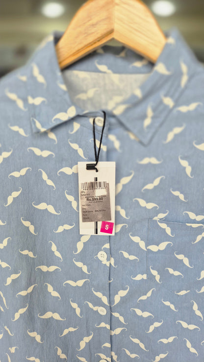 Women's Light Blue Mustache Print Long Sleeve Button-Down Shirt