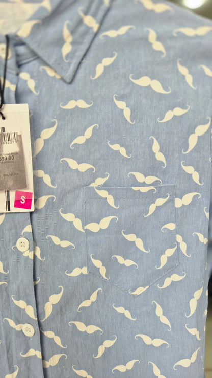 Women's Light Blue Mustache Print Long Sleeve Button-Down Shirt
