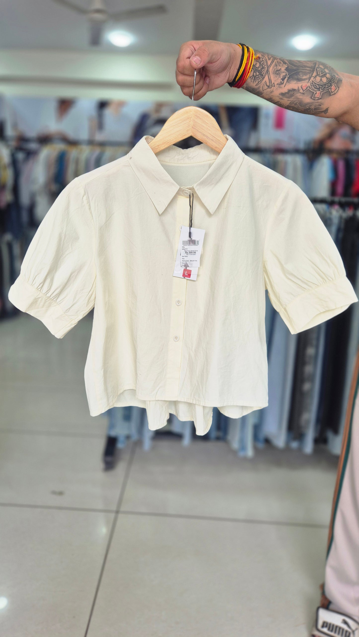Women's Cream Short Sleeve Button-Down Shirt with Pleated Back