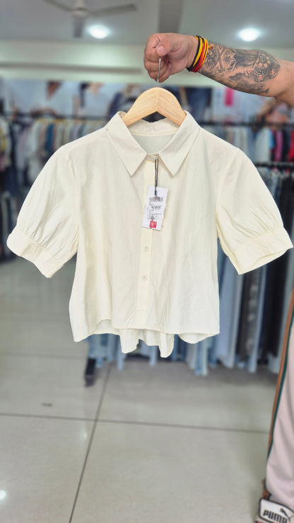Women's Cream Short Sleeve Button-Down Shirt with Pleated Back