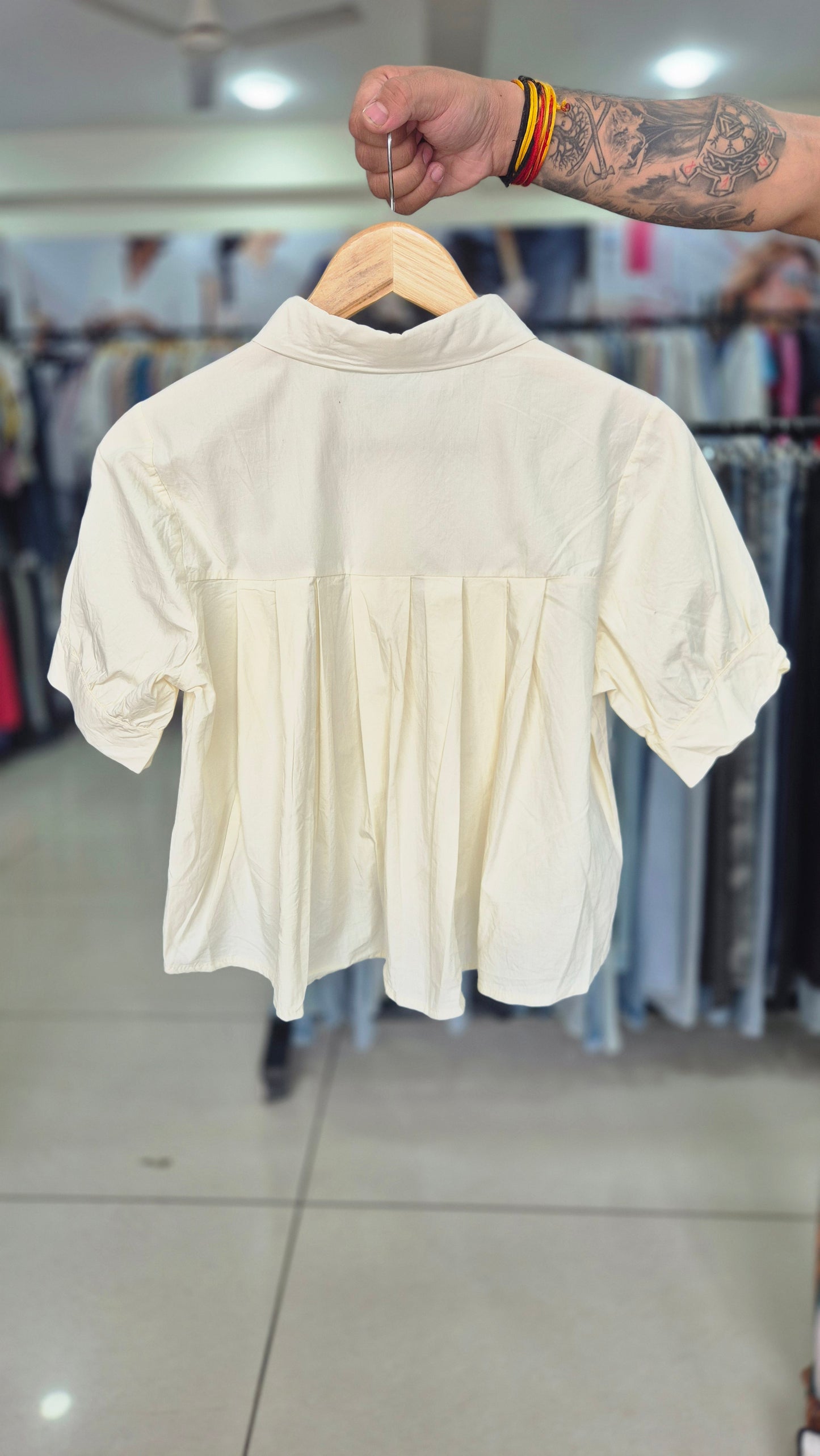 Women's Cream Short Sleeve Button-Down Shirt with Pleated Back