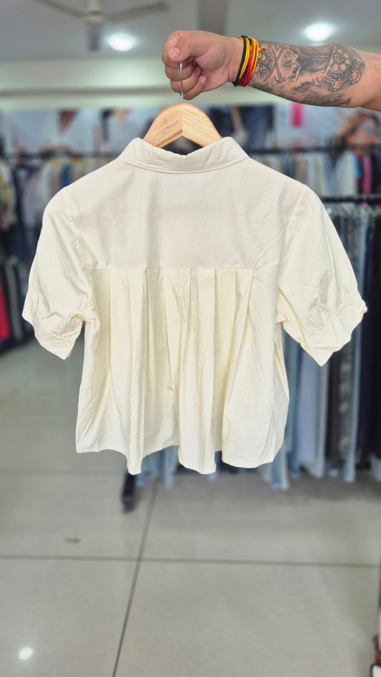 Women's Cream Short Sleeve Button-Down Shirt with Pleated Back
