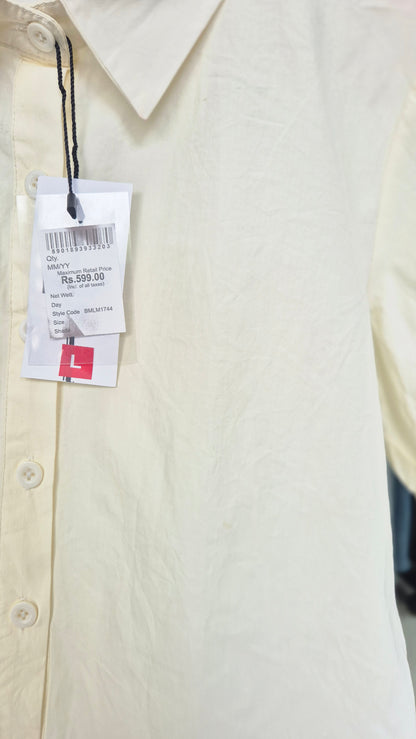 Women's Cream Short Sleeve Button-Down Shirt with Pleated Back