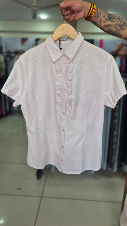 Women's Pastel Pink Ruffled Placket Striped Short Sleeve Shirt