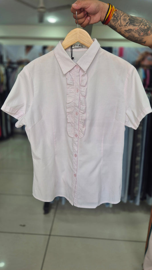 Women's Pastel Pink Ruffled Placket Striped Short Sleeve Shirt