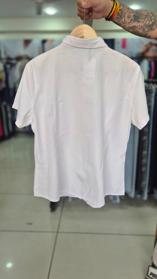 Women's Pastel Pink Ruffled Placket Striped Short Sleeve Shirt