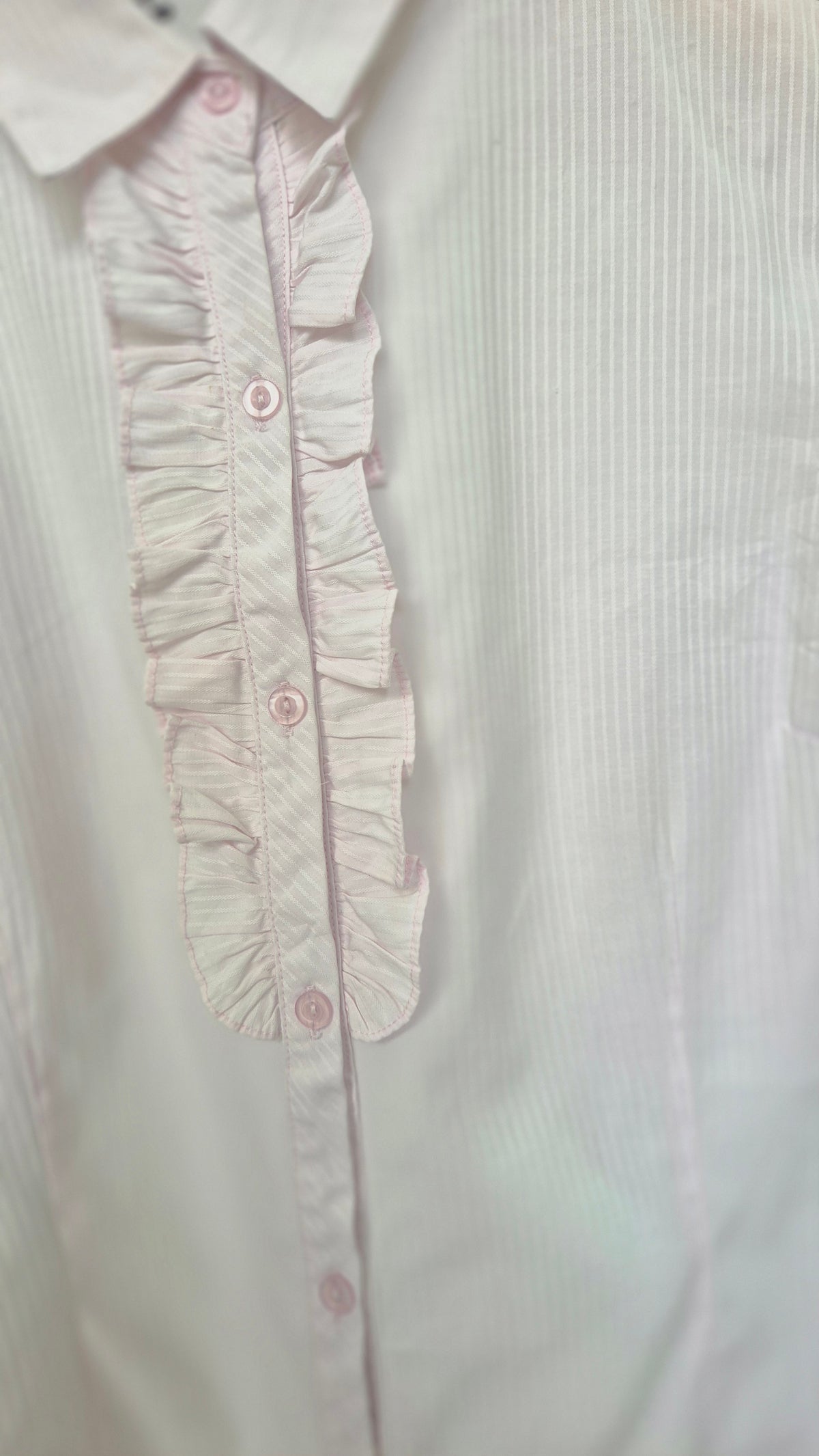 Women's Pastel Pink Ruffled Placket Striped Short Sleeve Shirt