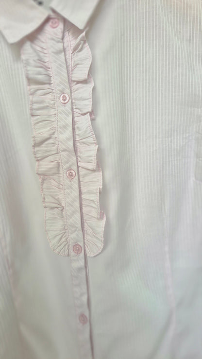 Women's Pastel Pink Ruffled Placket Striped Short Sleeve Shirt
