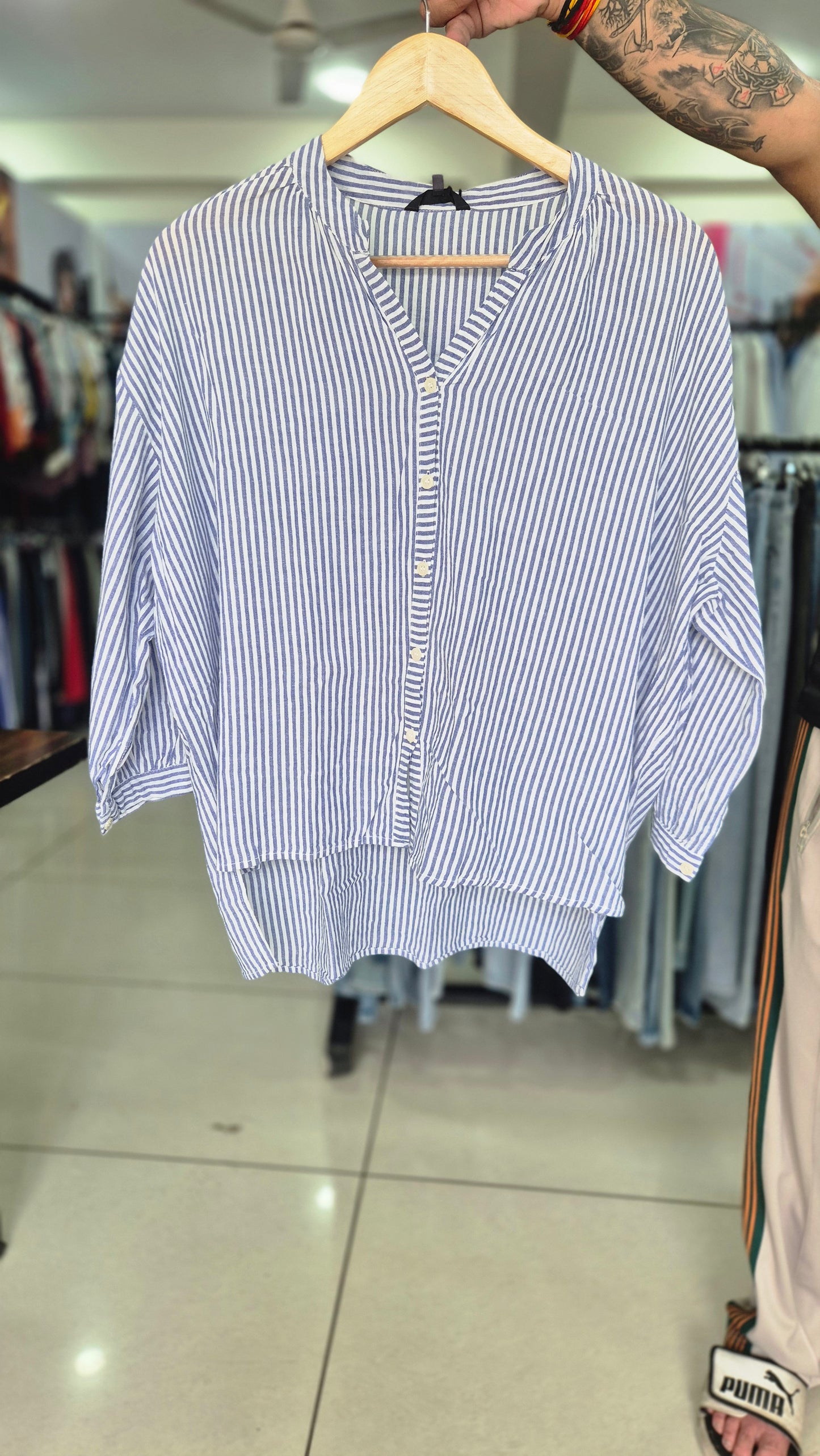 Relaxed Fit Three-Quarter Sleeve Shirt with High-Low Hem