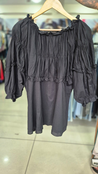 Women's Black Off-Shoulder Ruffled Long Sleeve Shirt