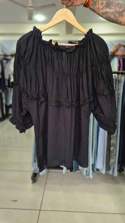 Women's Black Off-Shoulder Ruffled Long Sleeve Shirt