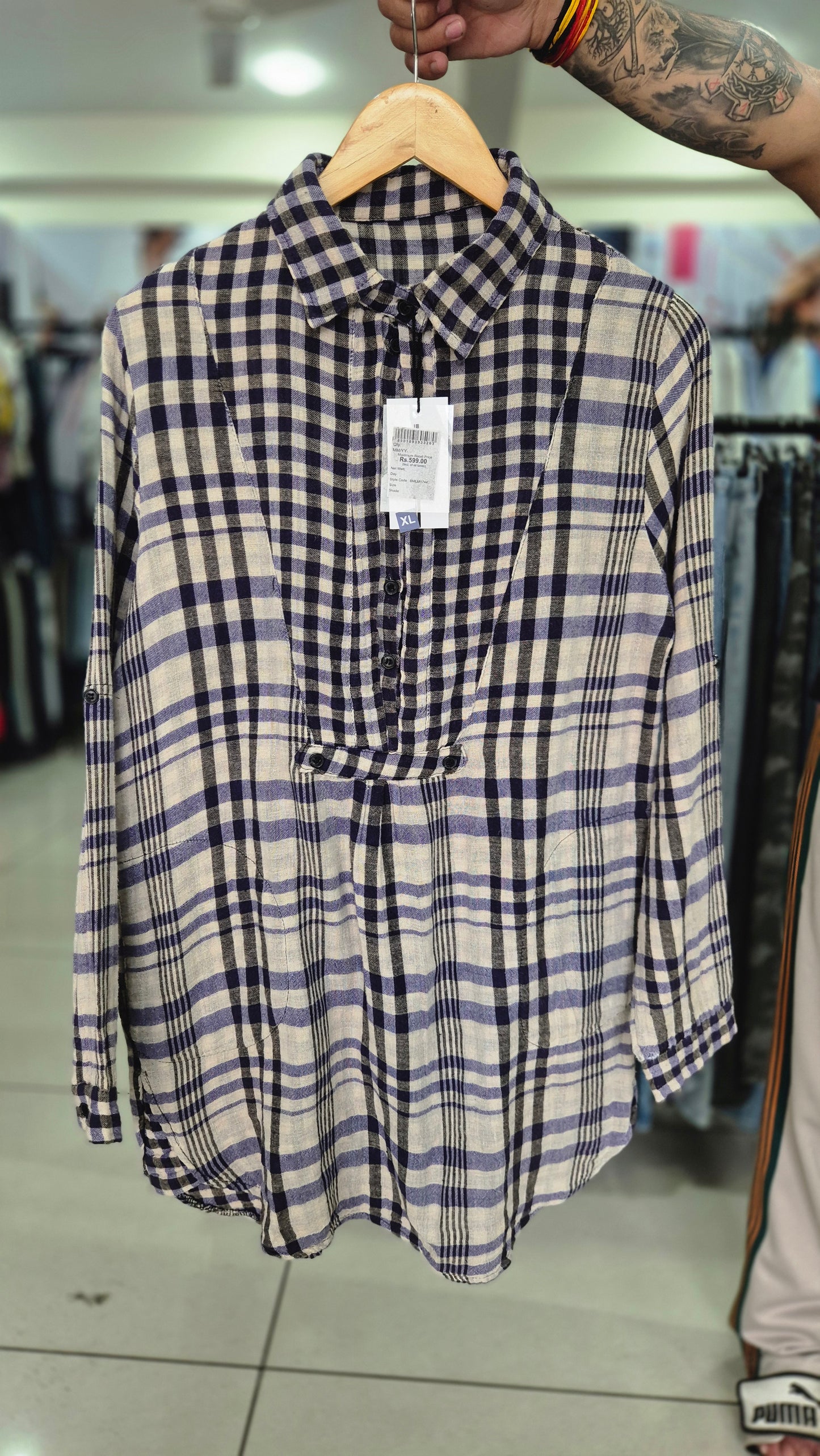 Women's Navy and White Plaid Check Long Sleeve Shirt