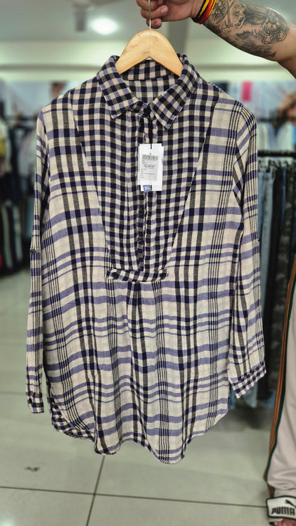Women's Navy and White Plaid Check Long Sleeve Shirt