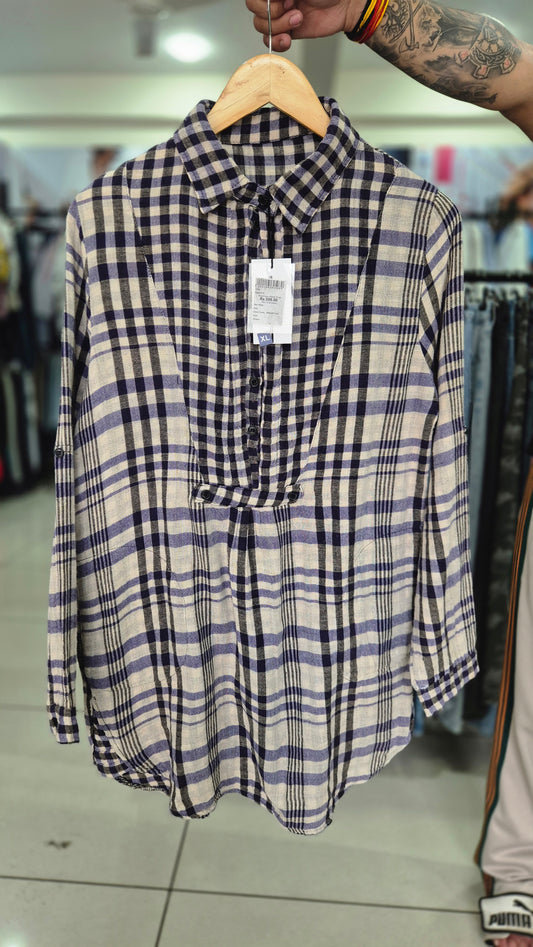Women's Navy and White Plaid Check Long Sleeve Shirt