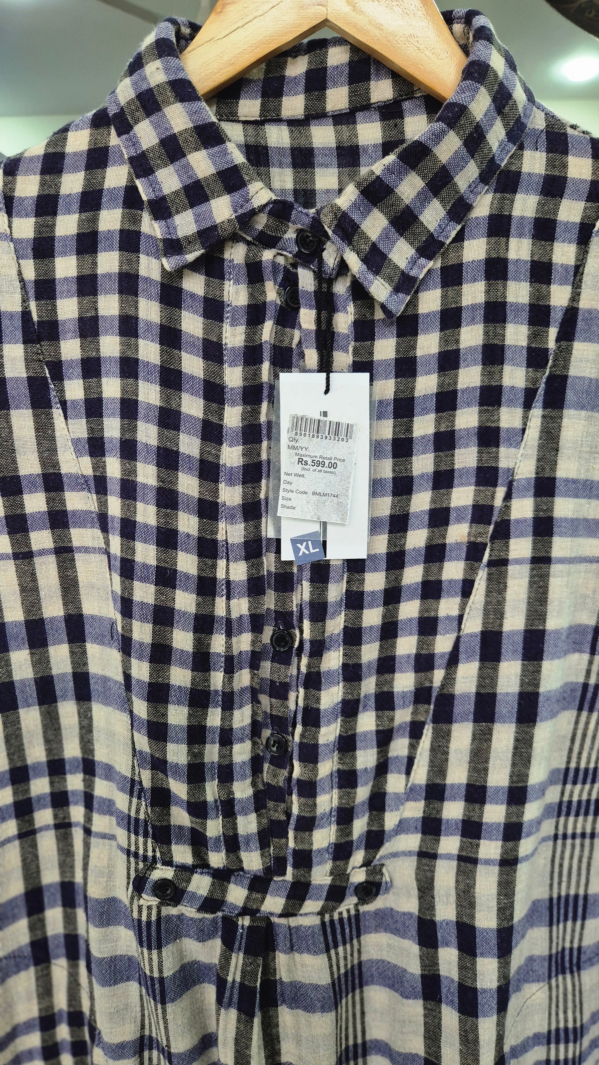 Women's Navy and White Plaid Check Long Sleeve Shirt