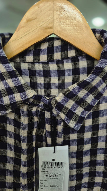 Women's Navy and White Plaid Check Long Sleeve Shirt