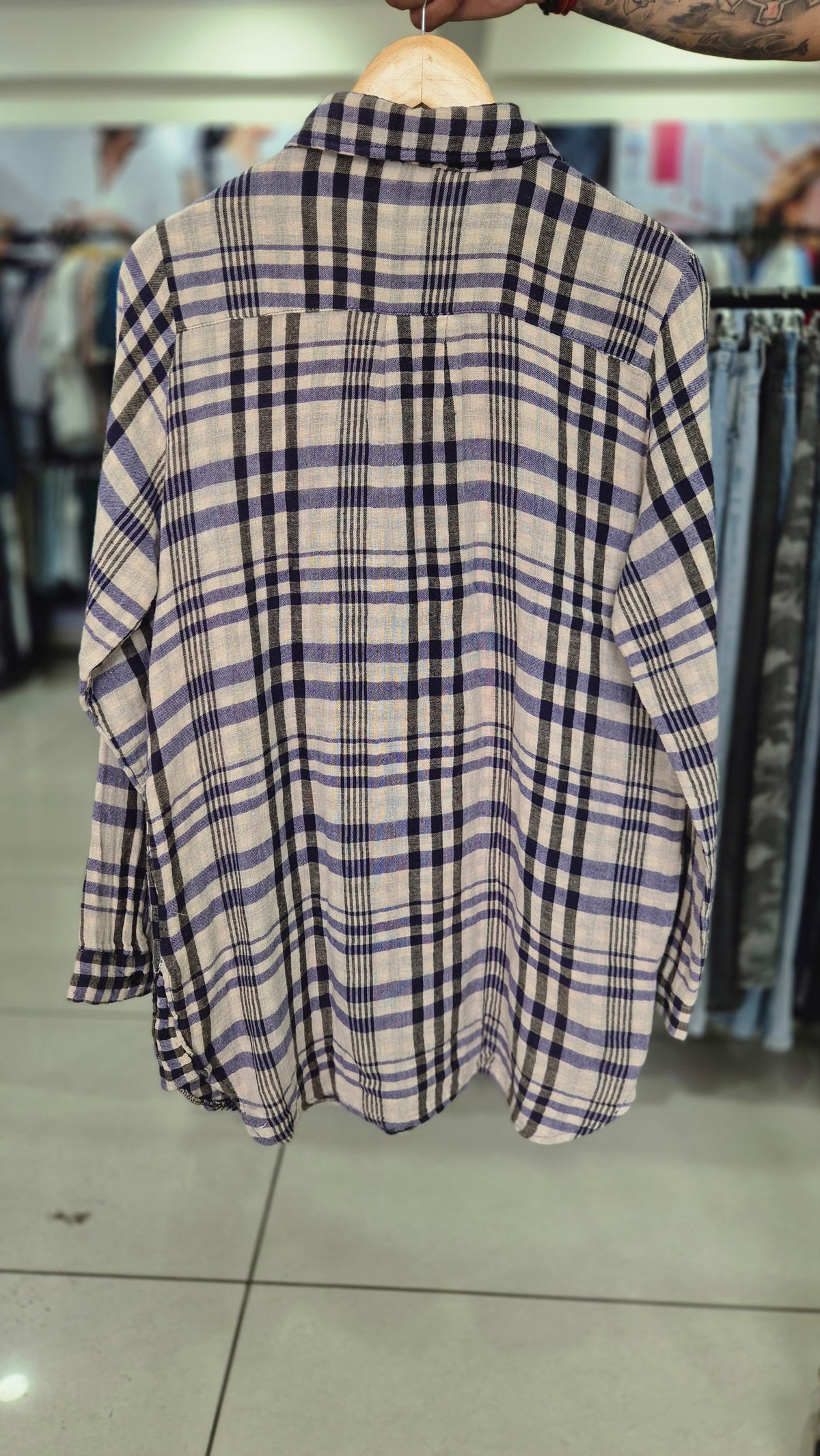 Women's Navy and White Plaid Check Long Sleeve Shirt