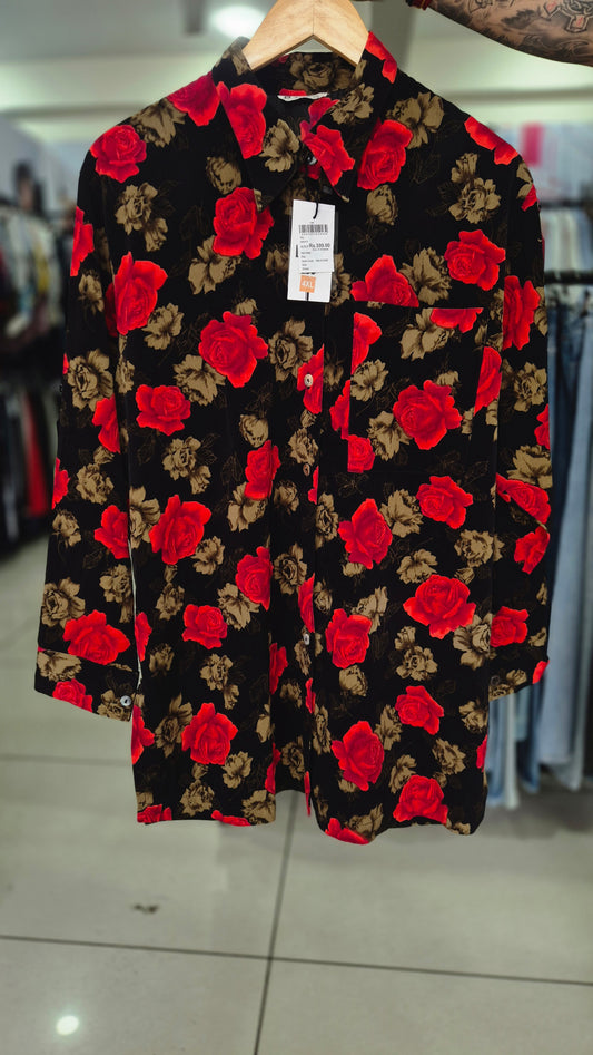 Women's NeongKul Black Floral Print Long Sleeve Button-Down Shirt