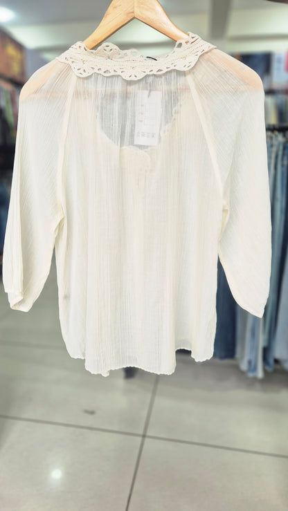 Women's Off-White Crochet Collar Long Sleeve Shirt
