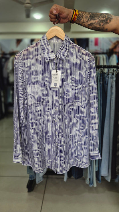 Women's Blue and White Wavy Striped Long Sleeve Shirt