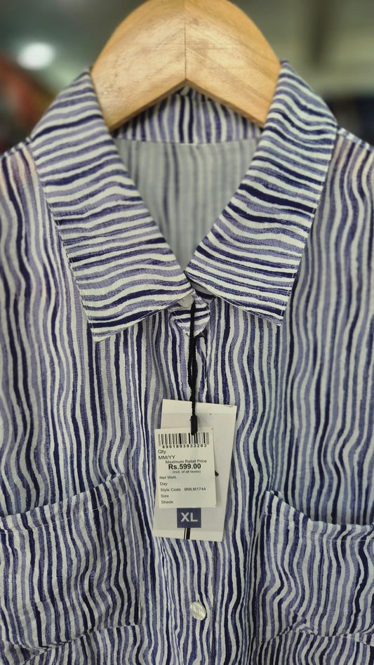 Women's Blue and White Wavy Striped Long Sleeve Shirt