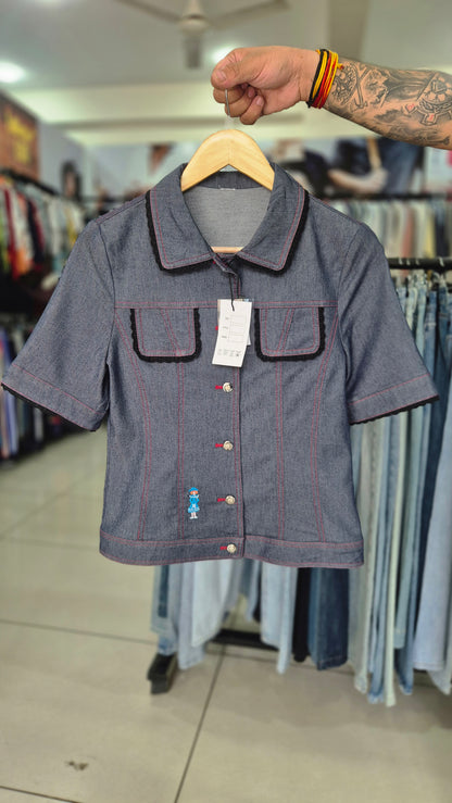 Women's Dark Wash Denim Short Sleeve Shirt with Contrast Stitching